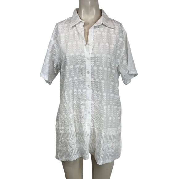 SAKKAS - WOMEN'S XL - WHITE FLORAL  SHORT SLEEVE COLLARED BUTTON UP TOP SHIRT - Picture 1 of 9